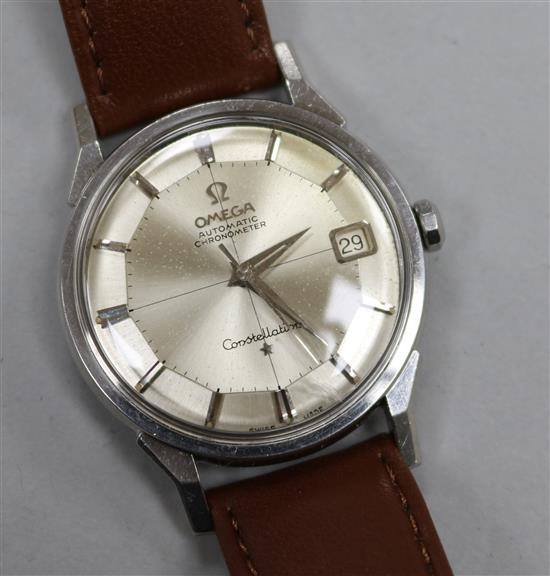 A gentlemans stainless steel Omega Constellation automatic pie pan dial wristwatch, with Omega box.
